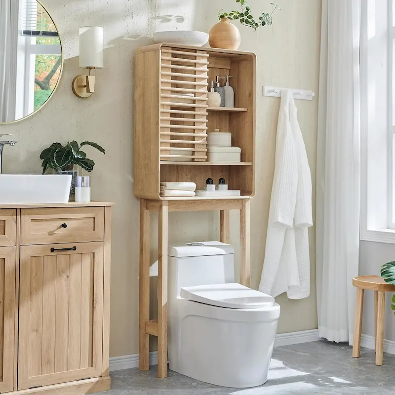 Dark Grey / White / Natural Oak Slatted Over-Toilet Cabinet, Mid-Century Style, 1-Person Assembly
