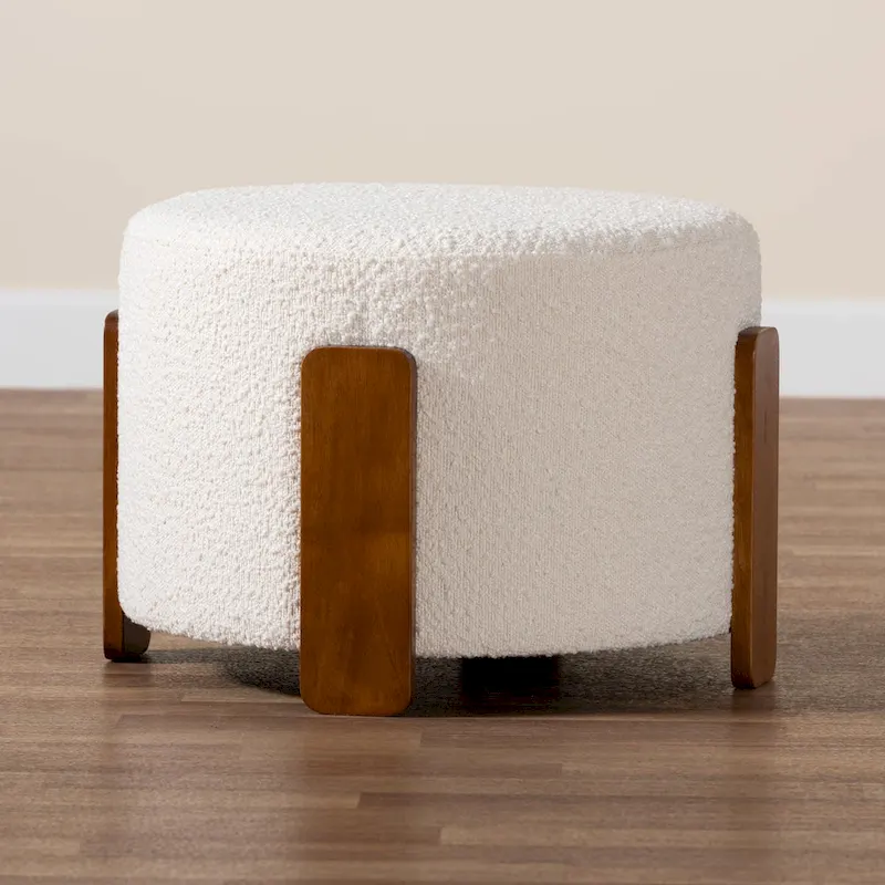 Modern Japandi Boucle Fabric and Wood Ottoman Footstool