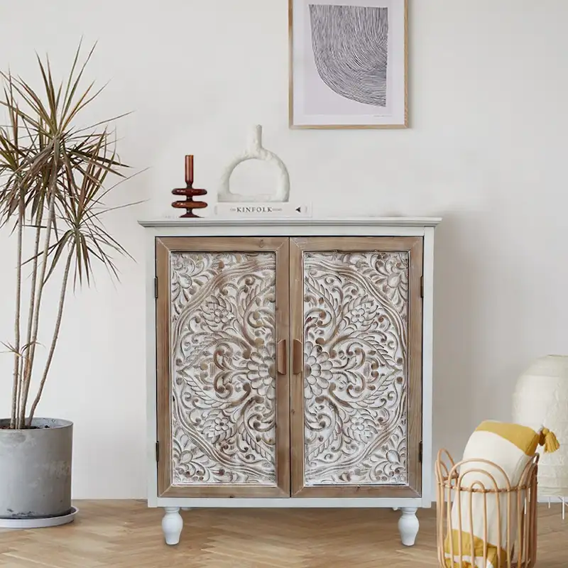 Vintage Free-Standing Buffet Cabinet with 2 Carved Doors,Brown and White, 34.5  H - 31.3 x 14.2 x 34.5