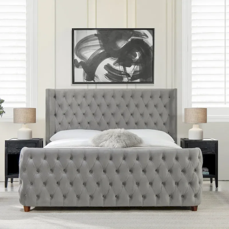 Chateau Velvet Upholstered Tufted Sheltered Panel Bed Set