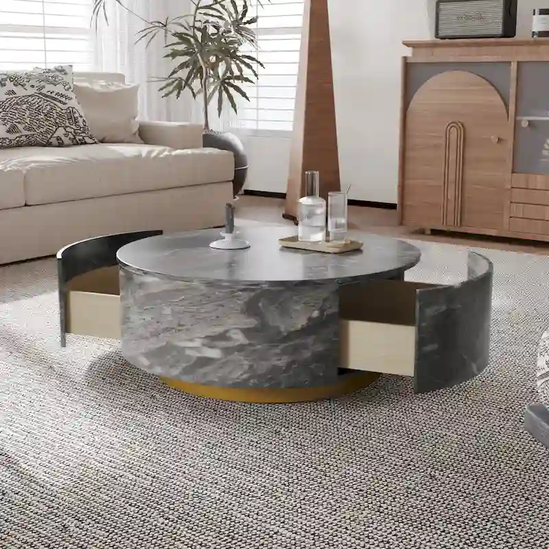 Modern Faux Marble Round Coffee Table Center Table with 2 Drawers, Fully Assembled