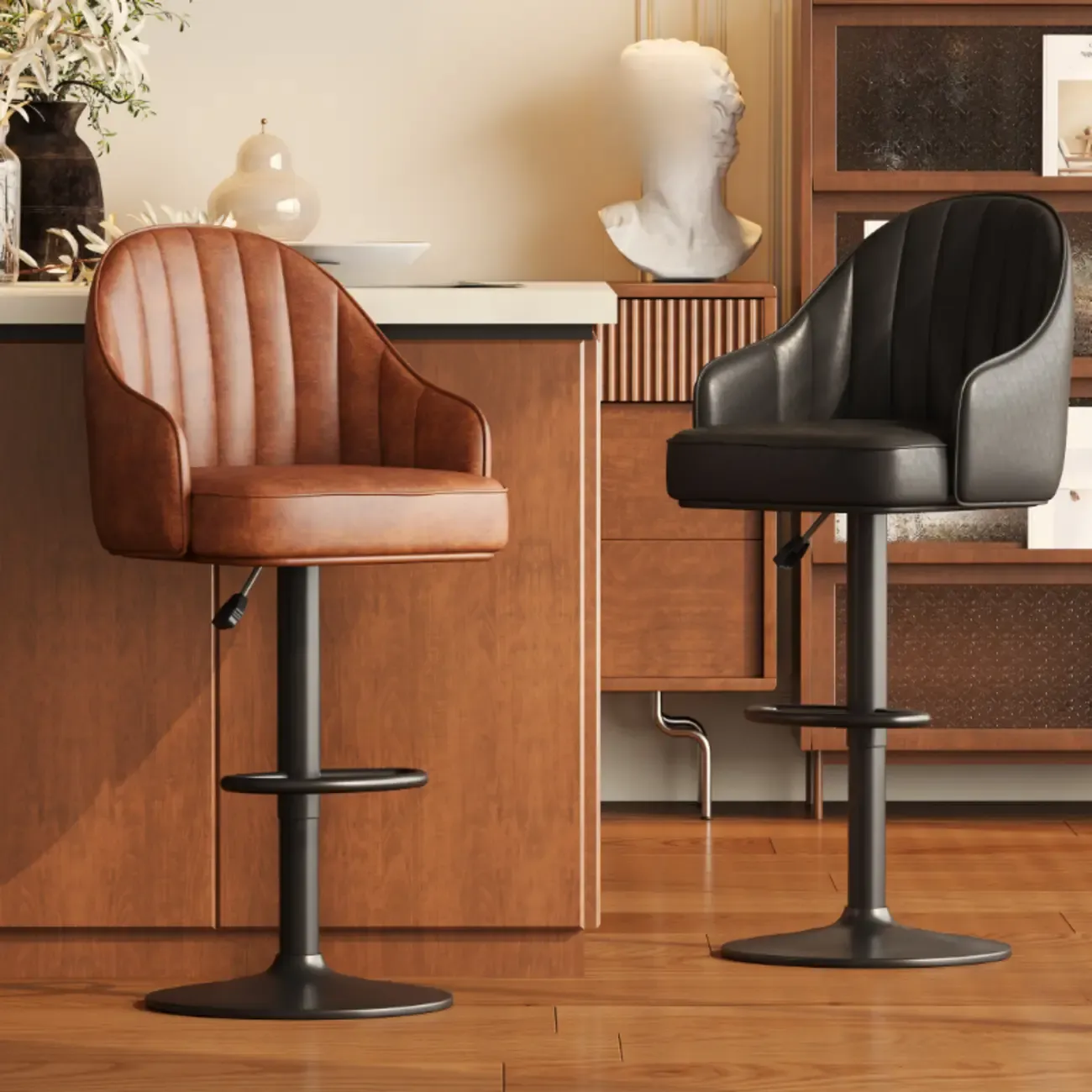 Mid-Century Modern Leather Bar Stool Swivel Adjustable Height