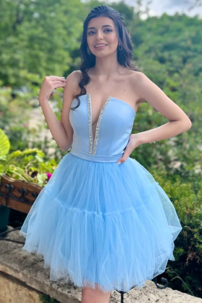 Sky Blue Strapless Lace-Up A-Line Homecoming Dress