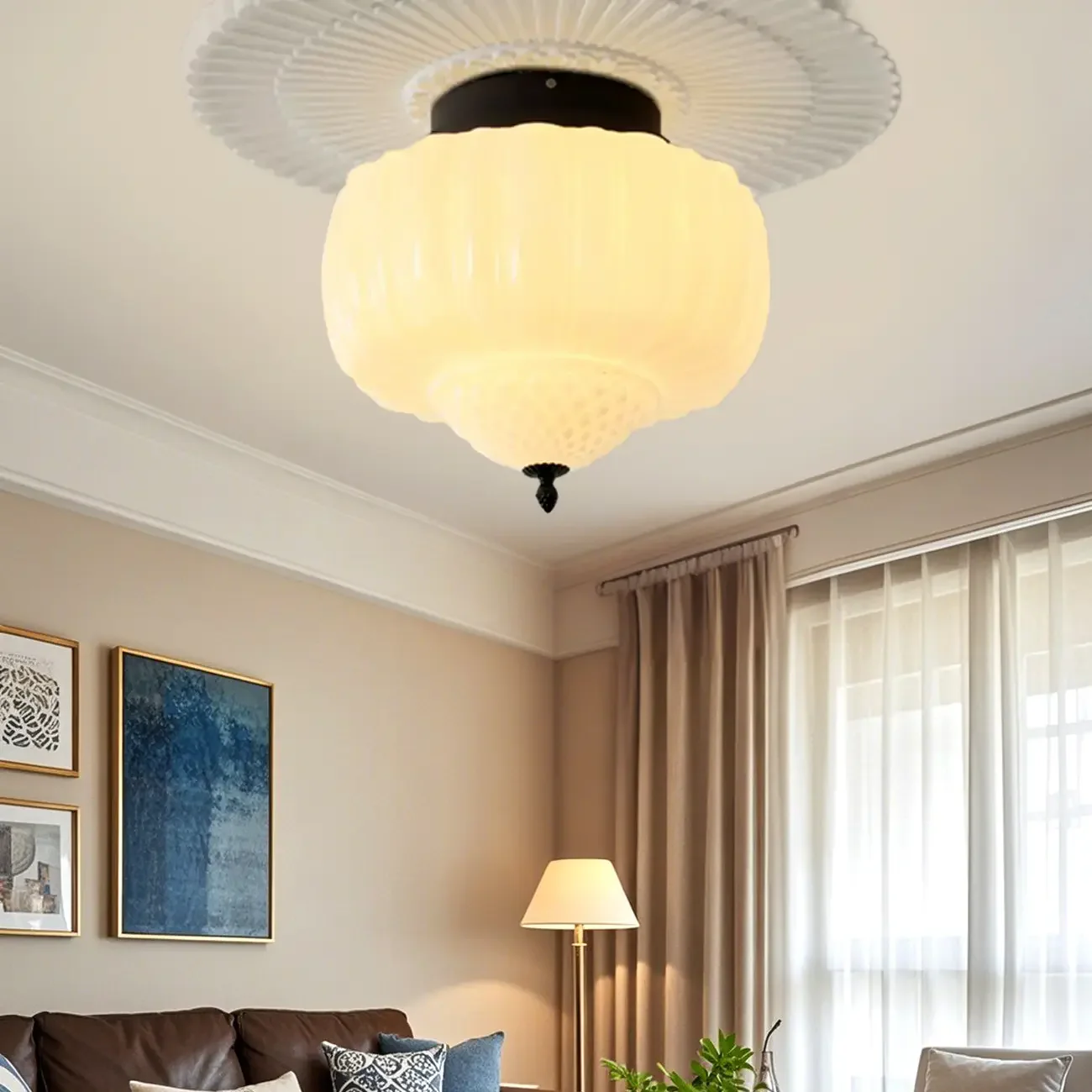Mini Modern Round Drum Glass Semi Flush Ceiling Light