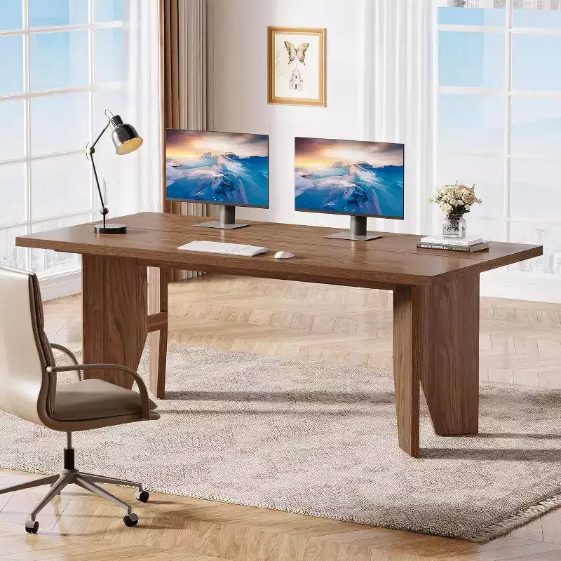 Lantine 63-Inch Mid-Century Modern Executive Desk with Sturdy Legs, Large Wooden Computer Workstation for Home Office, Brown