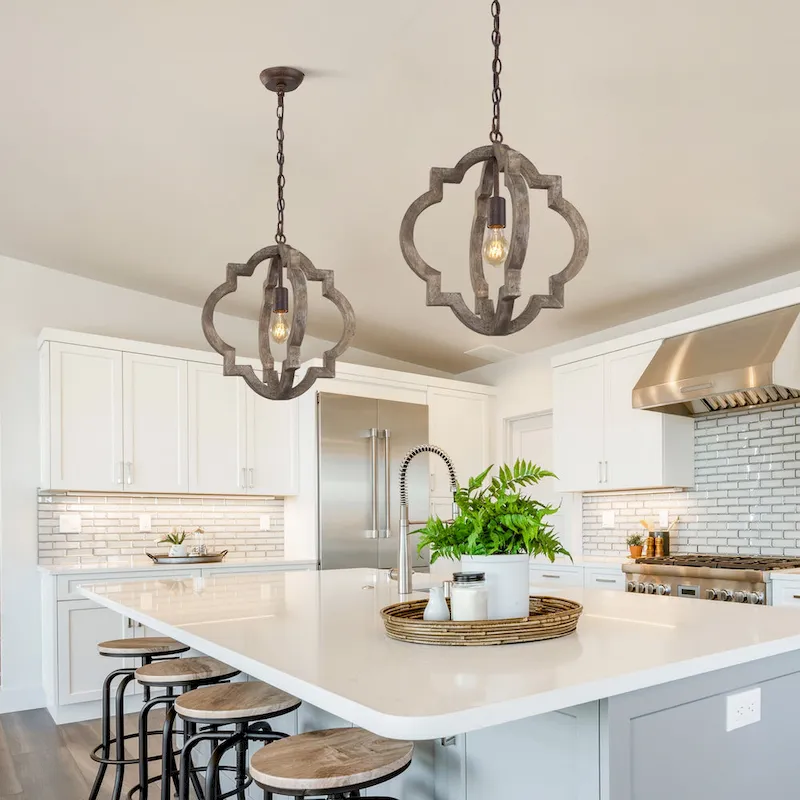 Farmhouse 1-Light Wood Lantern Chandelier Kitchen Island Pendant Lights - D 16 x H 17.5