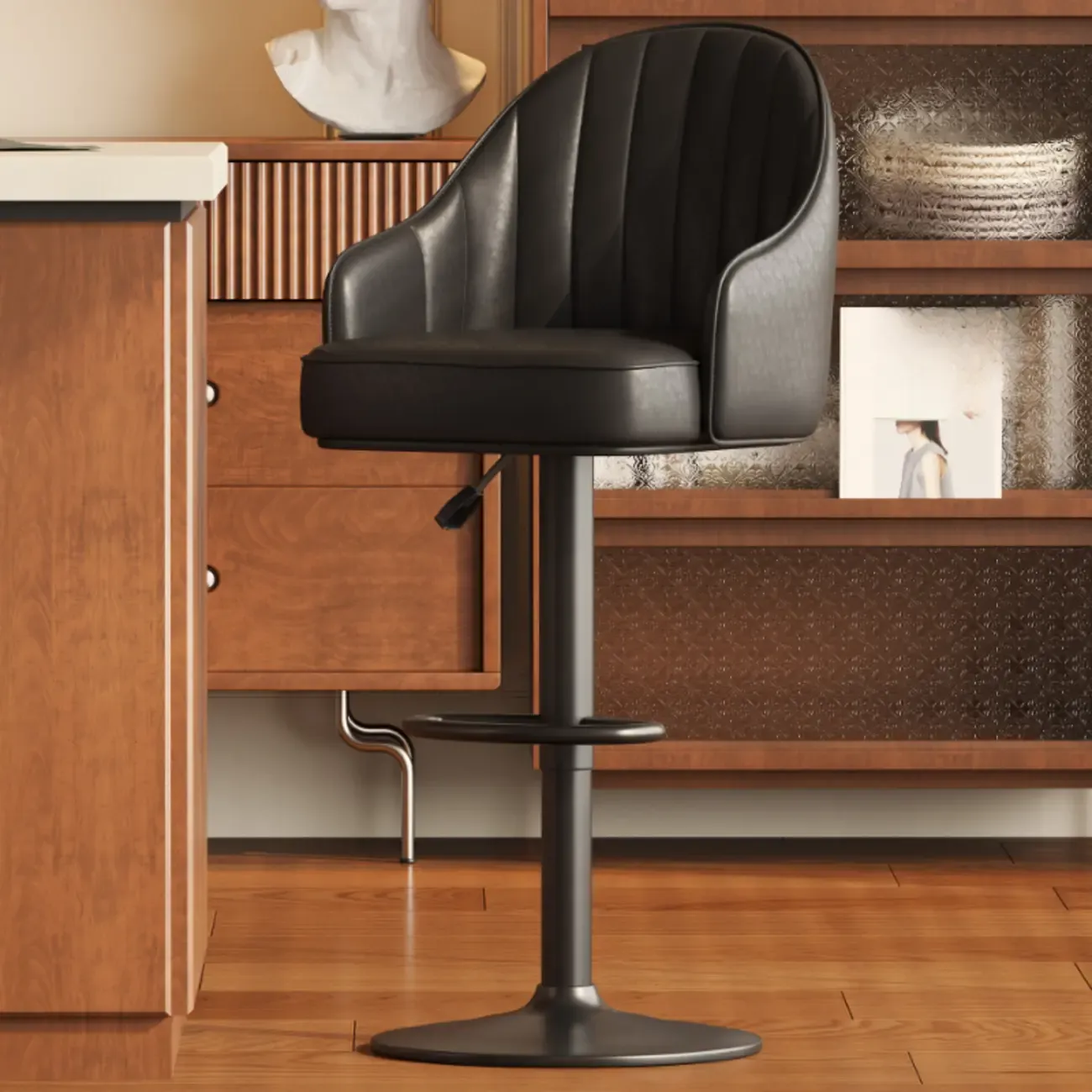 Mid-Century Modern Leather Bar Stool Swivel Adjustable Height