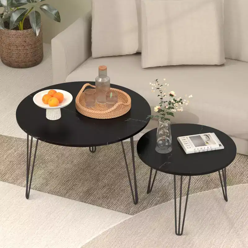 27.56 Round Nesting Accent Table Set of 2, Marble-Look Tops with Sturdy Metal Base, Space-Saving Side Tables for Living Room, Black