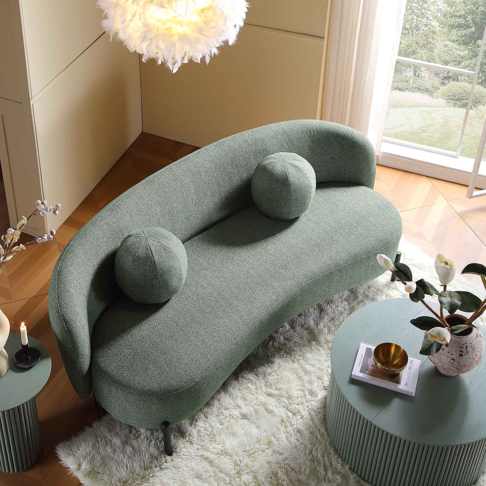 3-Seater Curved Sofa with Ball Cushions, Spruce Green Textured Fabric