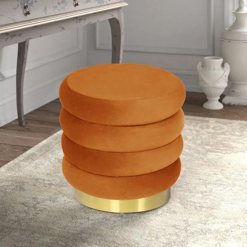 Round Velvet Ottoman Footstool, Multi-Color, Single Seat, Gold Metal Legs
