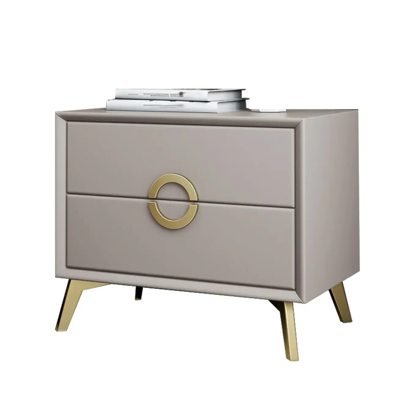 Chic Khaki Leather Gold Accents 2-Drawer Nightstand