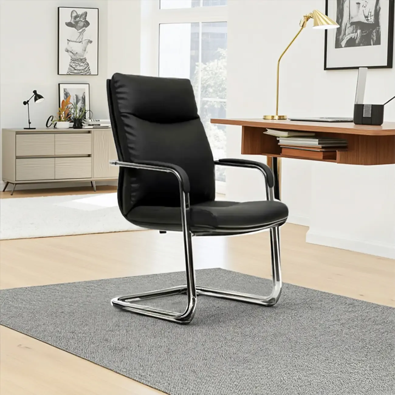 Modern Black Leather Upholstered Adjustable Swivel Office Chair