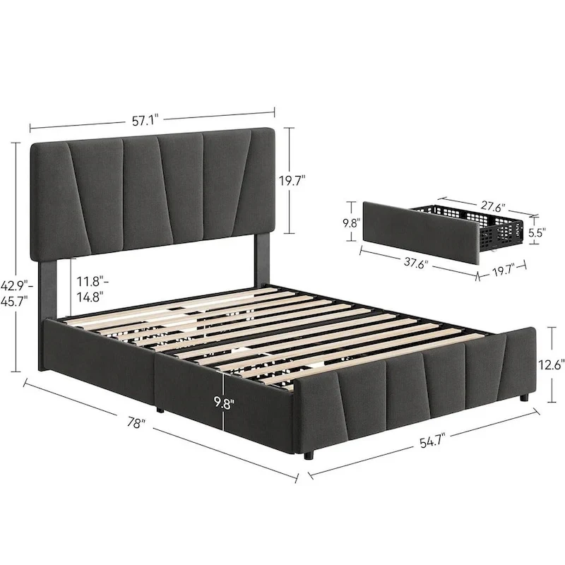 Upholstered Platform Bed Frame with Headboard and 4 Storage Drawers