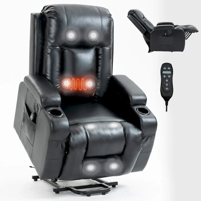 Black Elderly-Friendly Power Lift Recliner featuring Vibration Massage, Lumbar Heating, USB Port, and Cup Holders