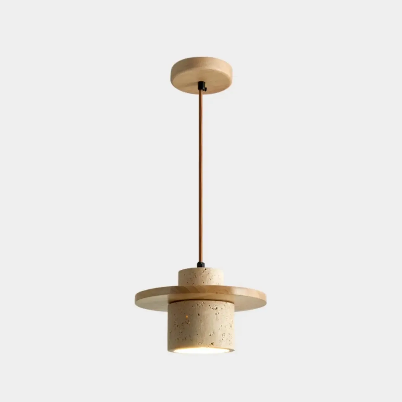 Modern Beige Stone Wood Disc Cylinder Pendant Light