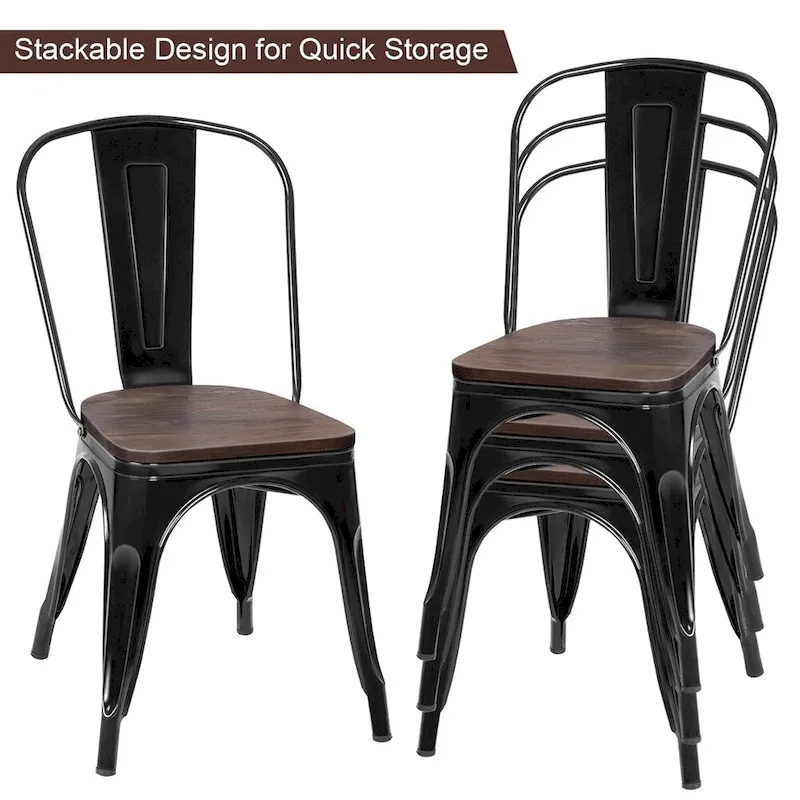 Set of 4 Stackable Bistro Cafe Dining Chair Metal Frame and Wood Seat - See Descriptions