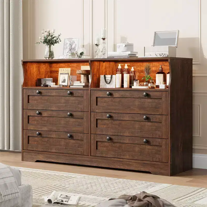 55 Inch Wooden 6 Drawer Dresser for Bedroom with Led Light, and Large Capacity Storage, Wide Storage Dressers Organizer for Closet and Living Room