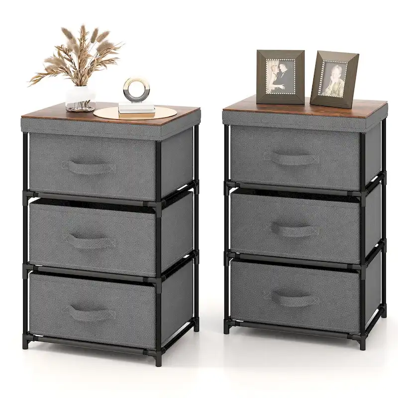 Grey 3-Drawer Fabric Storage Dresser Tower, Set of 2