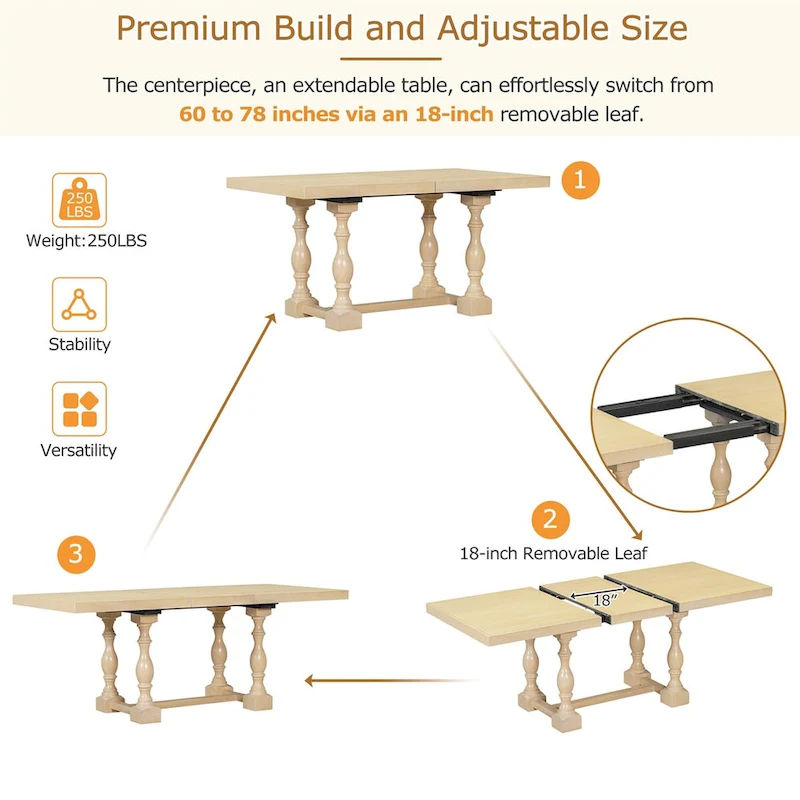 Traditional 6-Piece 78inch Trestle Extendable Dining Table Set