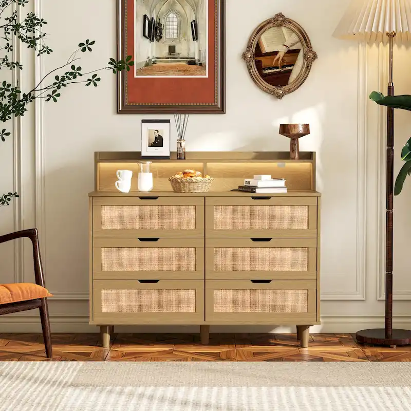 White Rattan 6-Drawer Storage Cabinet with LED Lights