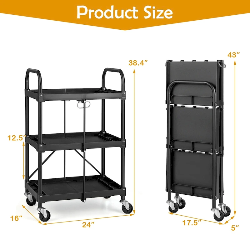 Costway Folding Collapsible Service Cart Heavy-Duty 3-Shelf Tool Cart - 24 x 17 x 38 (L x W x H)