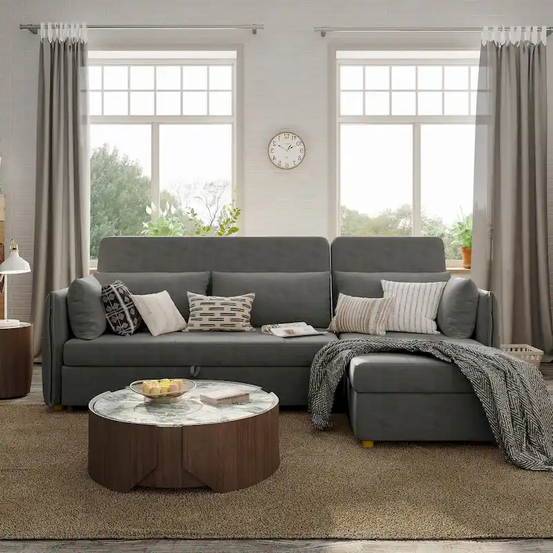 L-Shape Sofa Bed with Scratch-Resistant Fabric and Solid Wood Frame