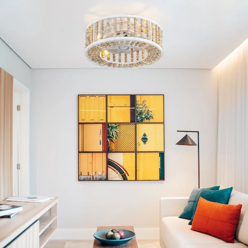 CurveCurio 20  Flush Mount Drum Boho Ceiling Fan w Wood Beads, 4 Light 3 Speed w Remote Control for Dining Area and Bedroom