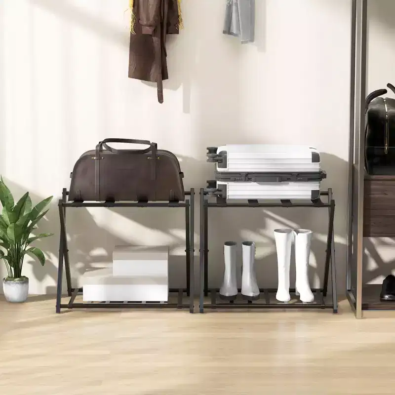 Costway Set of 2 Folding Metal Luggage Rack Suitcase Shoe Holder Hotel Guestroom w/Shelf
