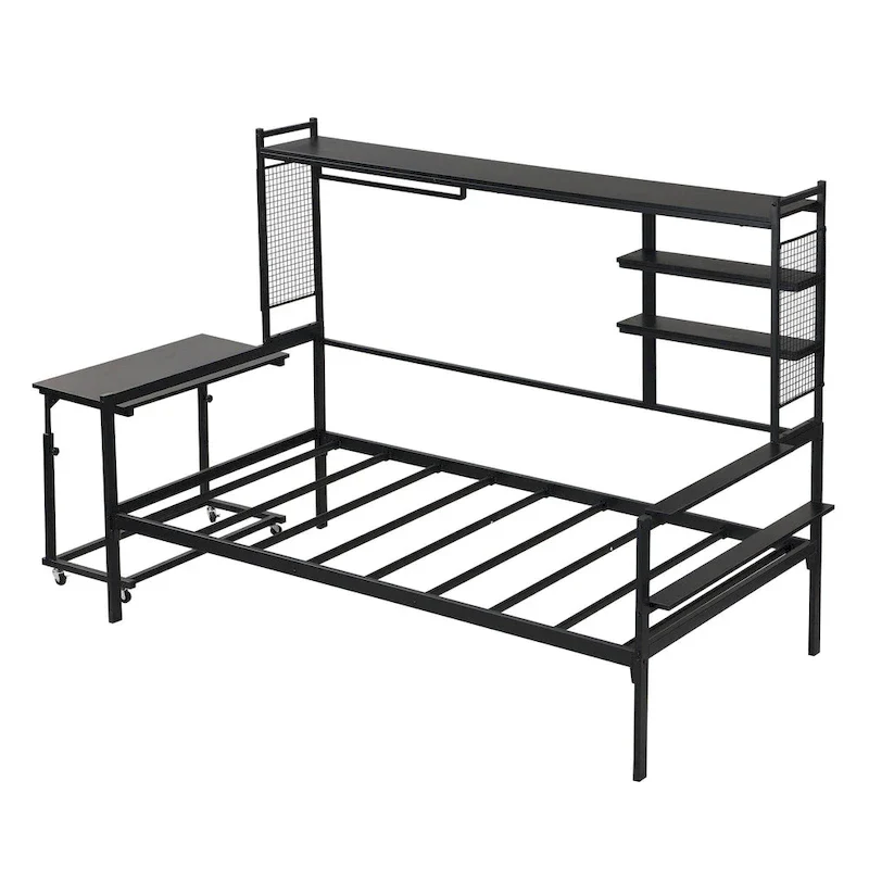 Metal Daybed with Movable Desk, Shelves and Clothes Hanger