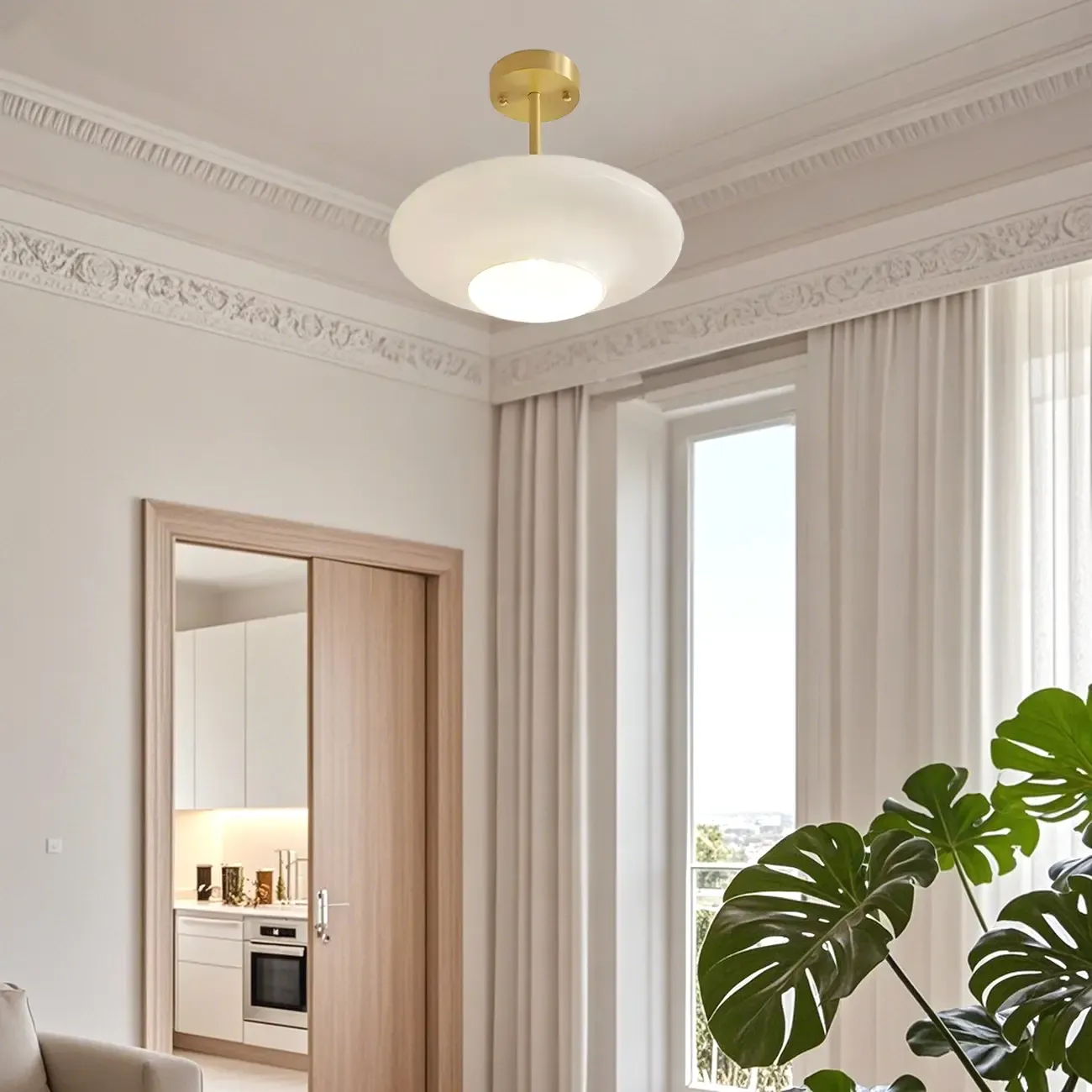 White Round Glass Shade Gold Semi Flush Ceiling Light