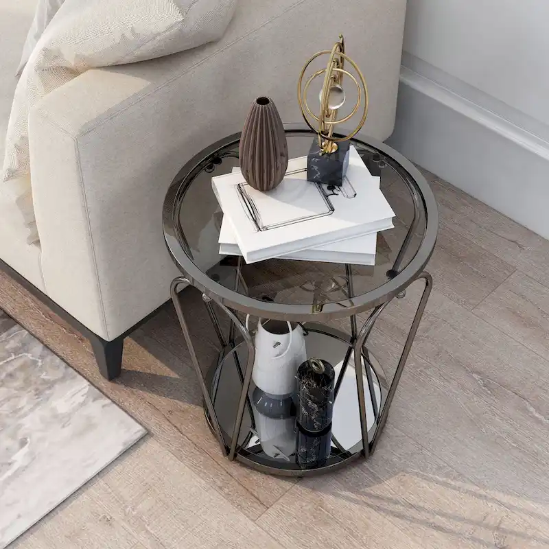 Glass Top Metal End Table with Mirror Shelf – Grey / Chrome