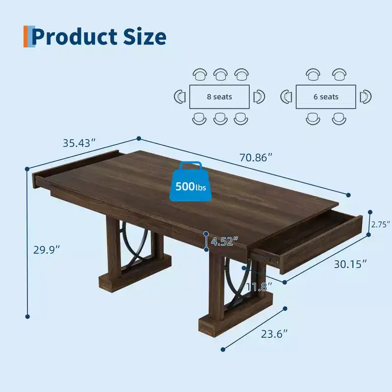 Modern 71-Inch Rectangular Dining Table for 6-8 - Wooden Table with Dual Large Storage Drawers - Sturdy Frame - Waterproof & Heat-Resistant