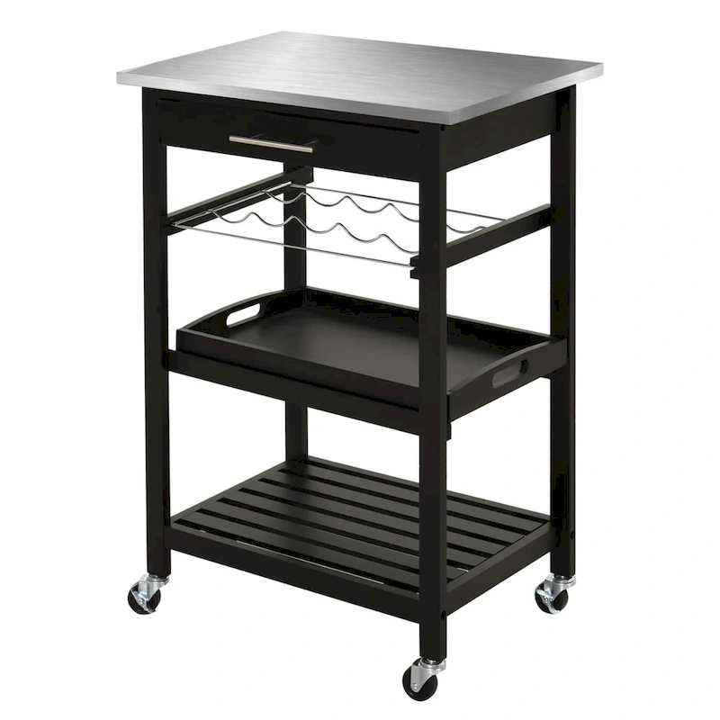 HOMCOM Kitchen island Cart Rolling Trolley Utility Serving Cart with Stainless Steel Tabletop, Wine Rack & Drawer