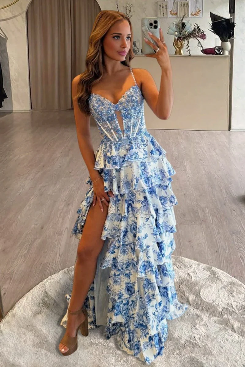 Blue Spaghetti Straps A Line Floral Chiffon Ruffled Prom Dresses With Slit