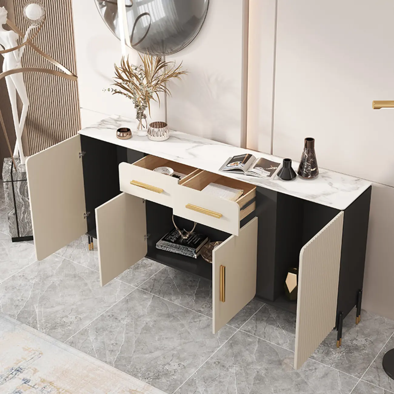 Glam White Sideboard with Stone Top and Drawers