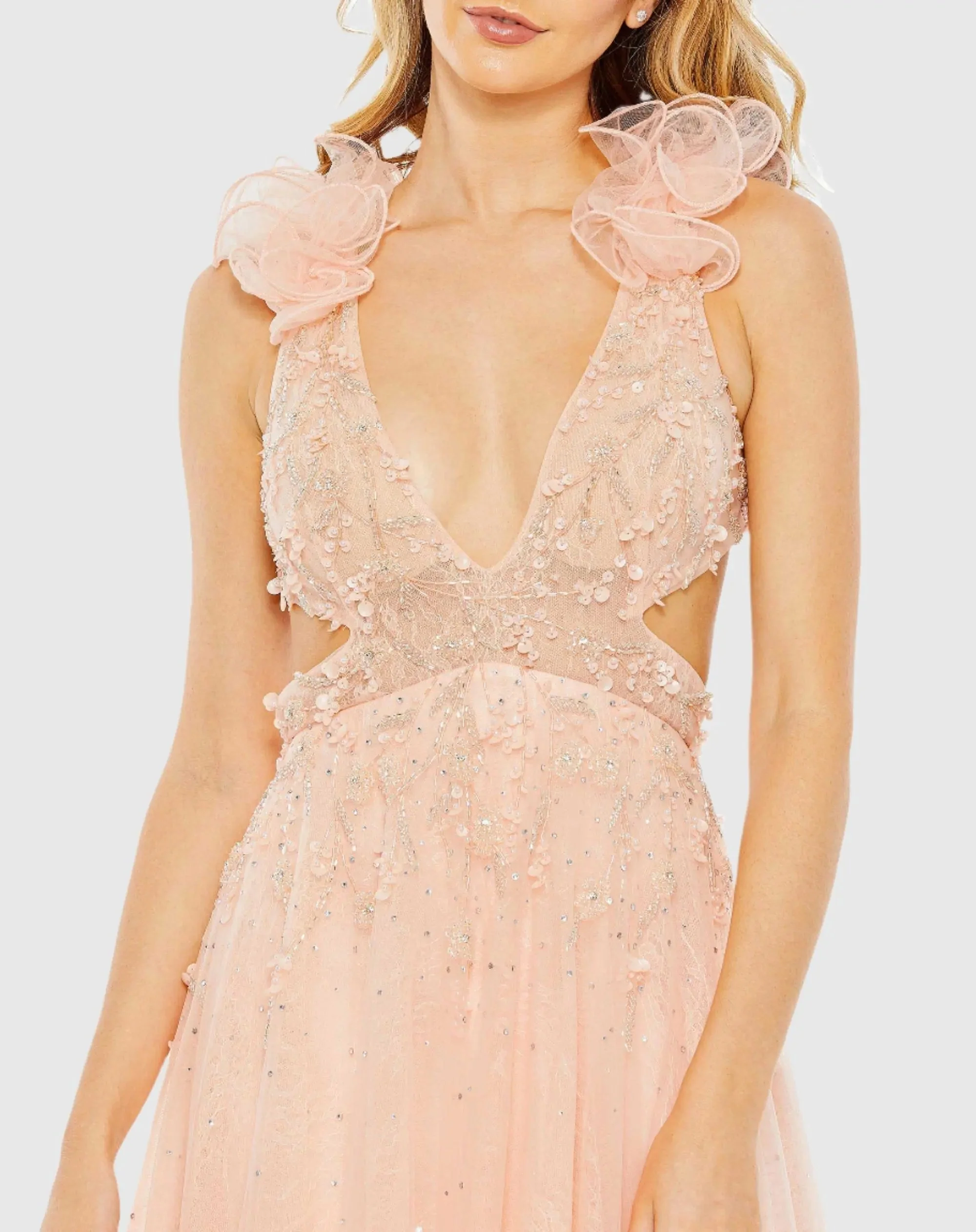 Pink Embellished Ruffle Shoulder Cut Out A Line Gown