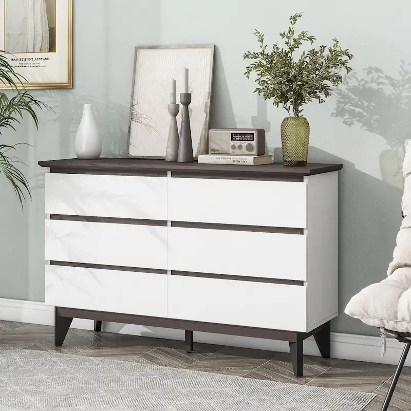 6-Drawer Double Dresser with Wide Drawers,White Dresser for Bedroom, Wood Storage Chest of Drawers for Living Room Hallway