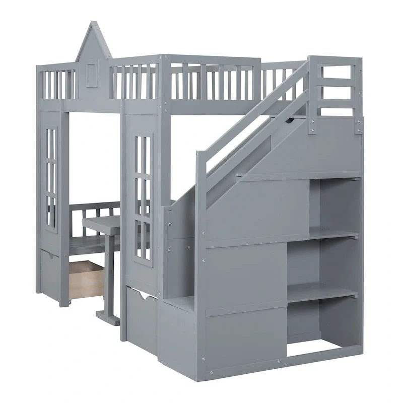 Gray Twin-Over-Twin Bunk Bed with Convertible Desk