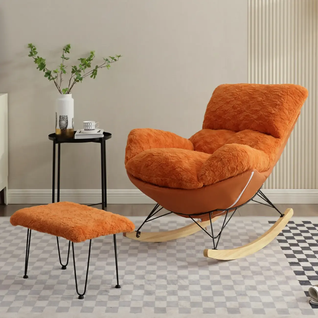 Modern Armless Upholstered Rocking Chair with Ottoman