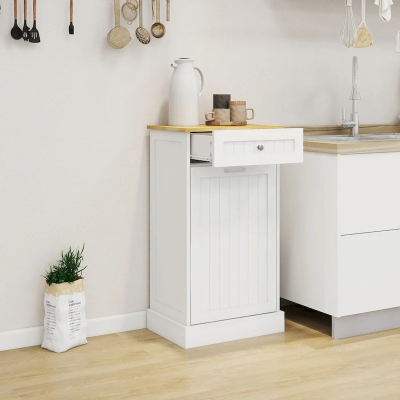 White Tilt-Out Trash Cabinet with Drawer - Single Compartment for Kitchen