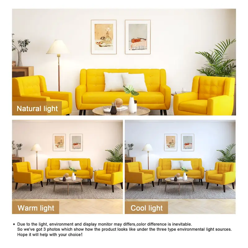 Modern Curved 63 Button Tufted Upholstered Loveseat with 2 Accent Chairs