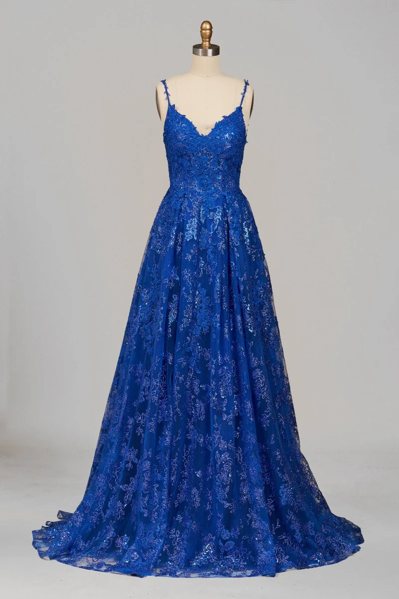 Royal Blue - A-Line Sequined Lace V Neck Long Prom Dresses
