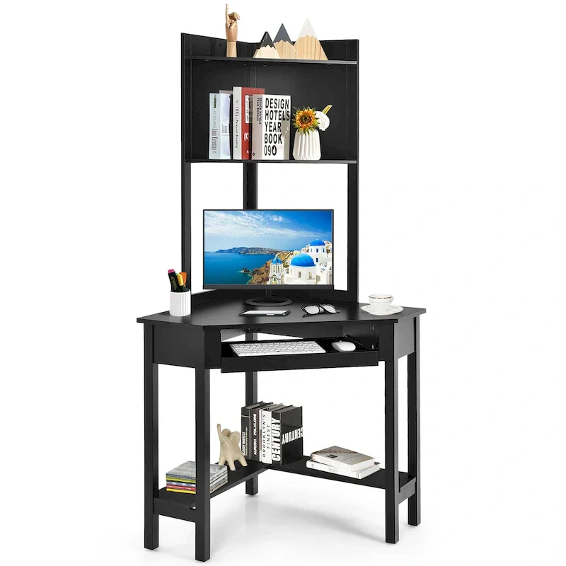 Triangle Corner Desk with Hutch - Bookshelves - Keyboard Tray - Black/White