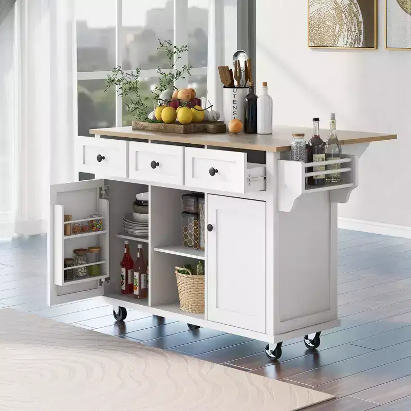 Whisen Modern Kitchen Island with Spice Rack and Towel Holder
