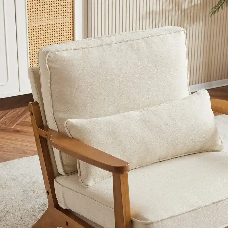 Upholstered Linen Blend Accent Chair with Wooden Legs and Pillow, Beige