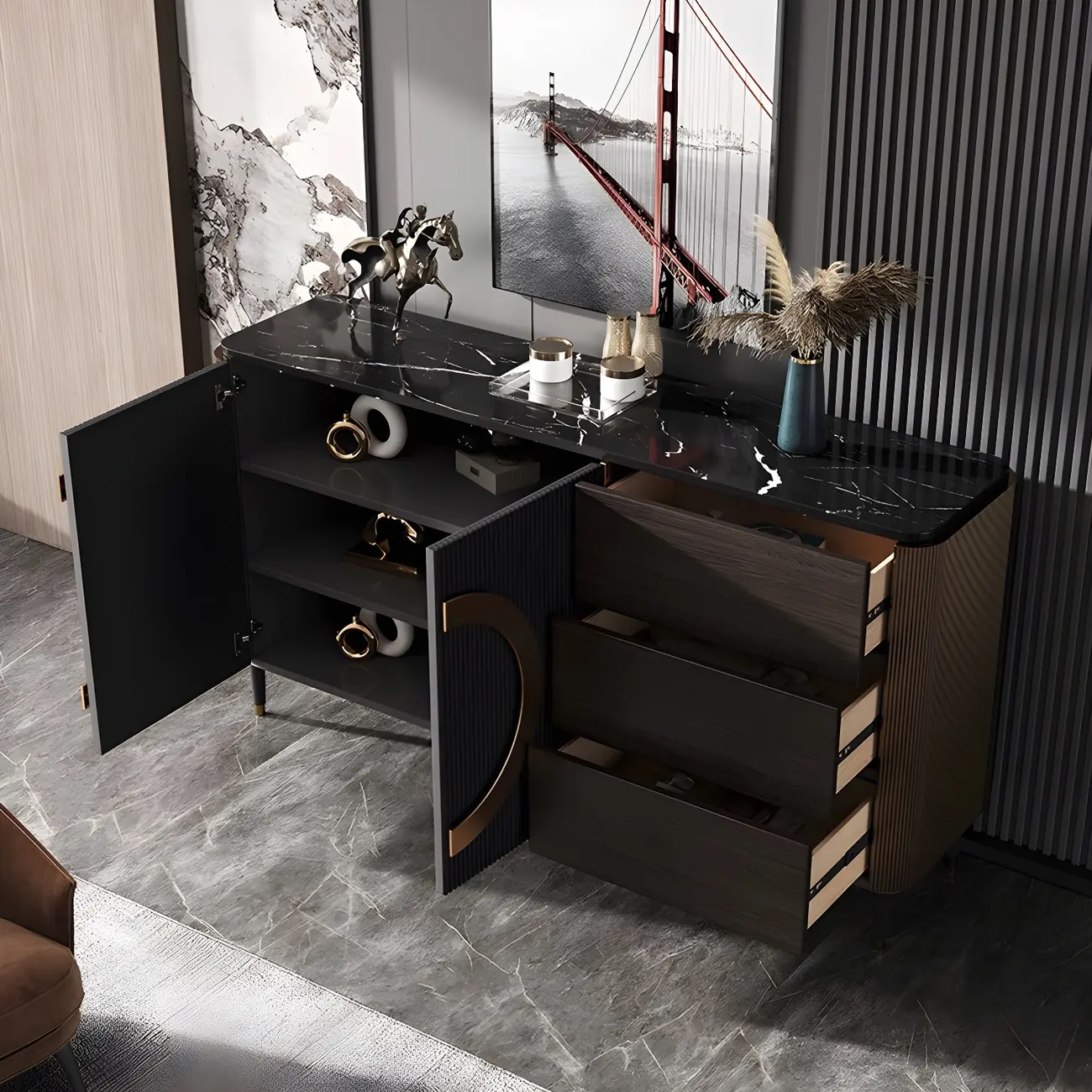 Glam Espresso Wood Buffet Table with Drawers & Cabinets