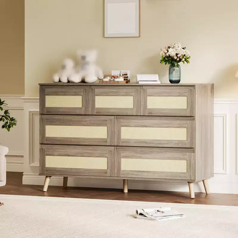 Wood Dressers for Bedroom with 7 Drawers, Wide Modern Chest of Drawers for Hallway, Wooden Closet Dressers with Rattan Drawers, Boho TV Stand Dresser