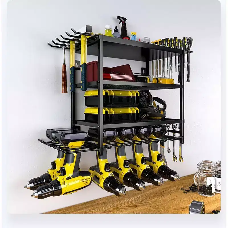Wall-Mounted Drill and Tool Storage Rack, 4-Level Heavy-Duty Metal Organizer with Multi-Tool Holders for Garage and Workshop