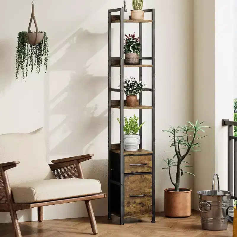 Industrial 4-Tier Bookcase, Tall Narrow Shelf with Fabric Drawers, Metal Frame Storage Organizer, for Living Room, Bedroom, or Office