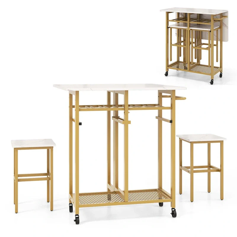 Costway 3 PCS Rolling Dining Table Set Extendable Kitchen Table 2